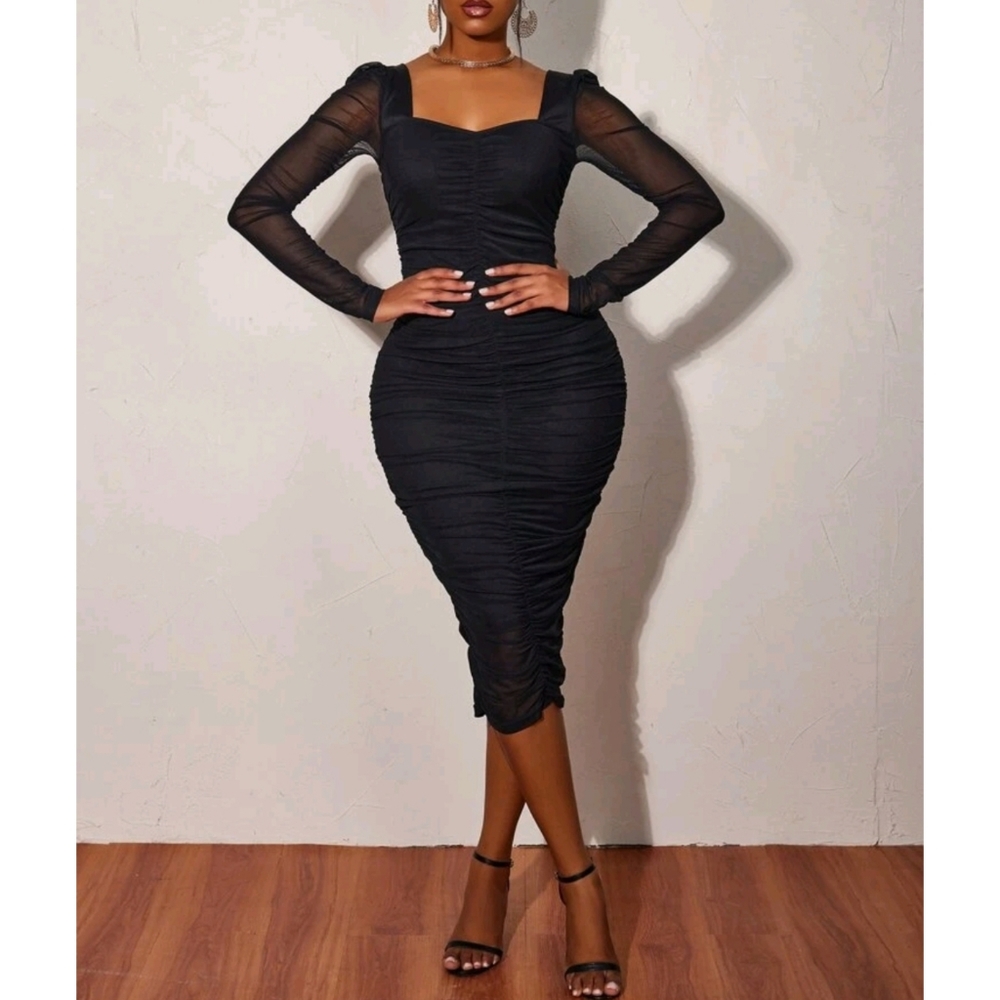 🔥FINAL SALE🔥Sweetheart Neck Contrast Mesh Bodycon Dress - Picture 4 of 7